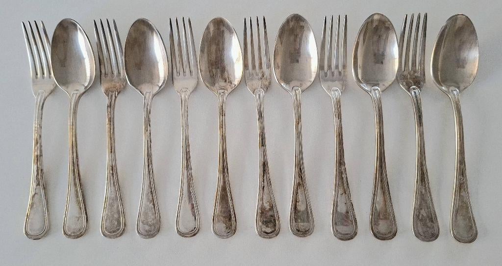 VINTAGE ZWAAR VERZILVERD RONDFILET LEPELS -VORKEN, Ophalen, Zo goed als nieuw, Overige materialen, Bestekset