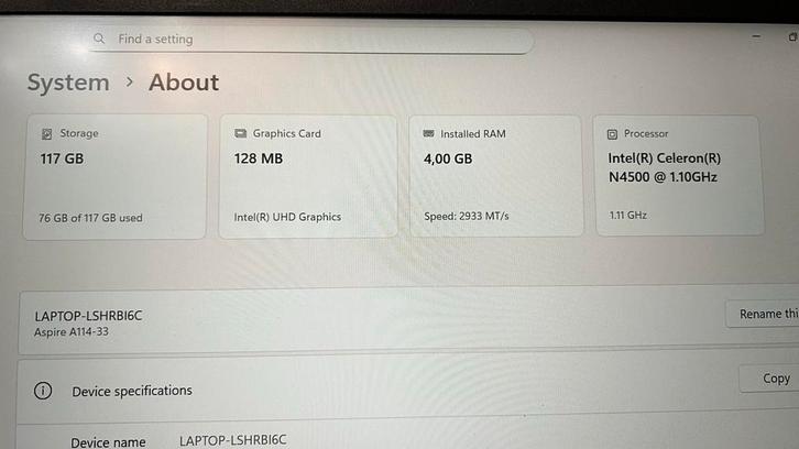 Acer Aspire 1 A114-33 Laptop - Intel Celeron N4500, 4GB RAM, Computers en Software, Windows Laptops, Gebruikt, 14 inch, SSD, Minder dan 2 Ghz