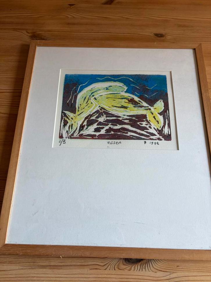 Unieke handgemaakte linosnede 'Vissen' - Gelimiteerde editie, Antiek en Kunst, Kunst | Etsen en Gravures, Ophalen of Verzenden