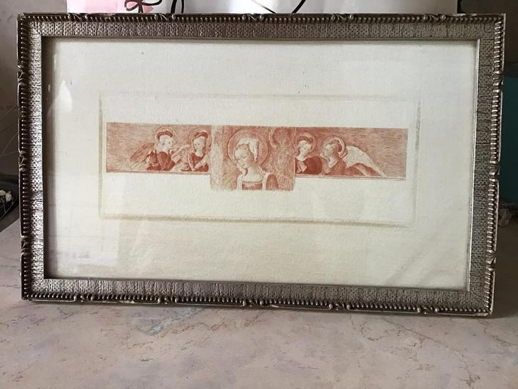 Oud schilderijtje  Afbeelding Maria op zijde bedrukt, Antiek en Kunst, Antiek | Religie, Ophalen of Verzenden