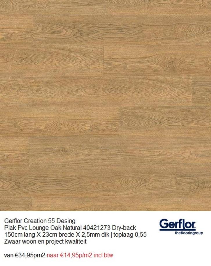 Plak Pvc Gerflor Oak Natural Toplaag 0,55 Dry-back €14,95m2, Huis en Inrichting, Stoffering | Vloerbedekking, Nieuw, Laminaat