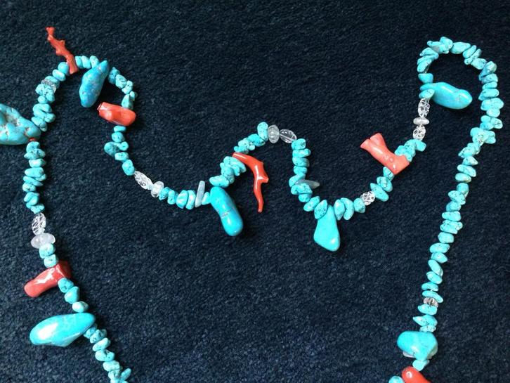 Turquoise en Koraal Ketting, Sieraden, Tassen en Uiterlijk, Kettingen, Zo goed als nieuw, Steen of Mineraal, Blauw, Met edelsteen