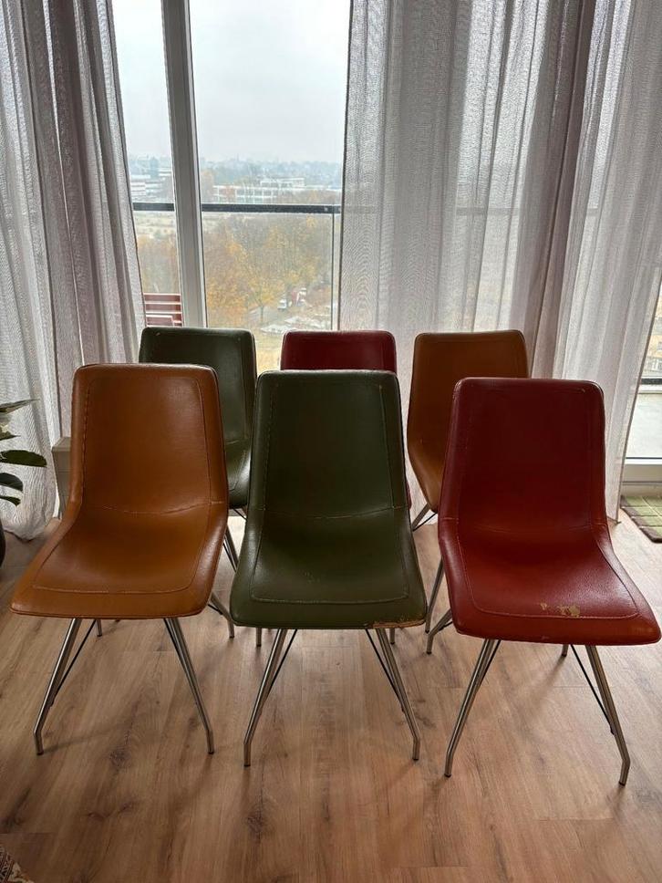 6 kleurrijke eetkamerstoelen, Huis en Inrichting, Stoelen, Gebruikt, Vijf, Zes of meer stoelen, Leer, Overige kleuren, Ophalen