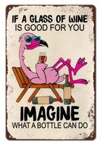 Nieuw! Vintage metalen tekstbord - Flamingo met glas wijn, Ophalen of Verzenden, Nieuw