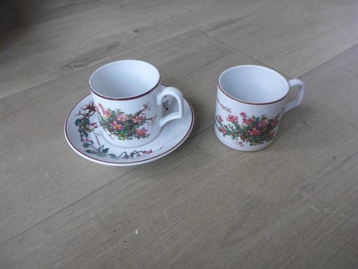 Kopjes en schotel, villeroy & boch botanica, douwe egberts., Huis en Inrichting, Keuken | Servies, Zo goed als nieuw, Kop(pen) en/of Schotel(s)