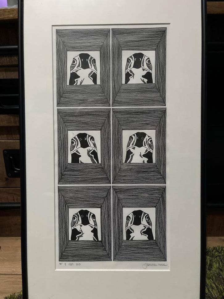 Zwart-wit tekening van Janne Ree, 2020, ingelijst.  Gesignee, Antiek en Kunst, Kunst | Tekeningen en Foto's, Ophalen of Verzenden