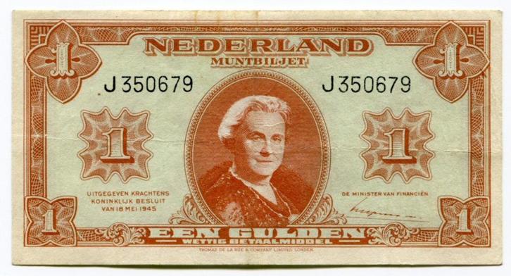 1 Gulden Muntbiljet 1945 (PL 6a1), Postzegels en Munten, Bankbiljetten | Nederland, Los biljet, 1 gulden, Ophalen of Verzenden