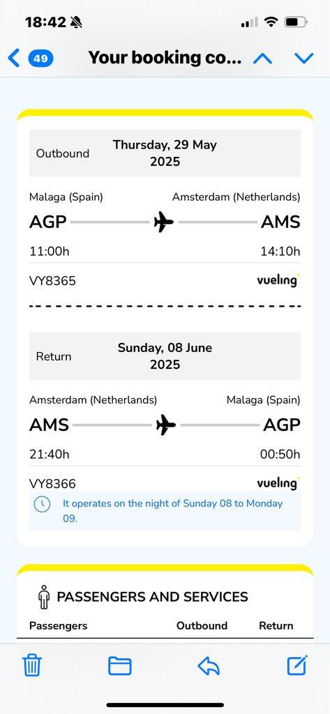 Vliegtickets van Malaga naar Amsterdam en terug, Tickets en Kaartjes, Trein, Bus en Vliegtuig, Eén persoon, Met bestemming of datum