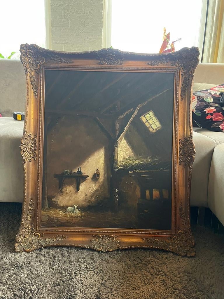 Supermooi antiek olieverfschilderij stal 71x62cm, Antiek en Kunst, Kunst | Schilderijen | Klassiek, Ophalen of Verzenden