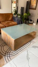 Unieke salontafel van glas en steigerhout, Ophalen, Gebruikt, 100 tot 150 cm, 50 tot 100 cm