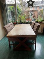 Massief eikenhouten tafel met 4 stoelen, Ophalen, Gebruikt, Eikenhout, 200 cm of meer