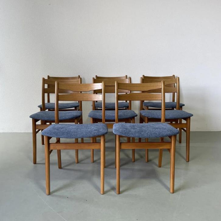 VINTAGE | SET | STOELEN | DEENS | TEAK | BEUKEN, Huis en Inrichting, Stoelen, Gebruikt, Vijf, Zes of meer stoelen, Hout, Stof