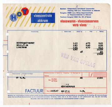factuur HOY vleescentrale Akkrum 1960 beschikbaar voor biedingen