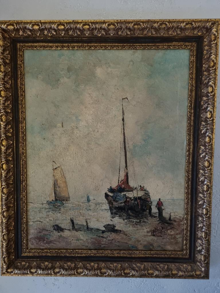 Olieverf Bomschuit op het strand, Antiek en Kunst, Kunst | Schilderijen | Klassiek, Ophalen of Verzenden