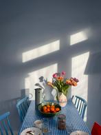 3 houten vintage spijlenstoelen, Ophalen, Gebruikt, Drie, Blauw