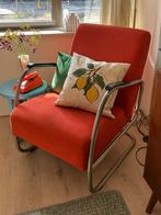 Vintage buisframe stoel oranje ribstof, Huis en Inrichting, Fauteuils, Ophalen, Minder dan 75 cm, Zo goed als nieuw, Stof