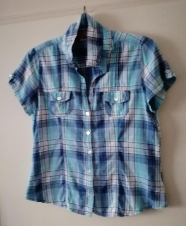 blauwe bloes+metaaldraad - korte mouw mt 38-40, Kleding | Dames, Blouses en Tunieken, Zo goed als nieuw, Maat 38/40 (M), Blauw