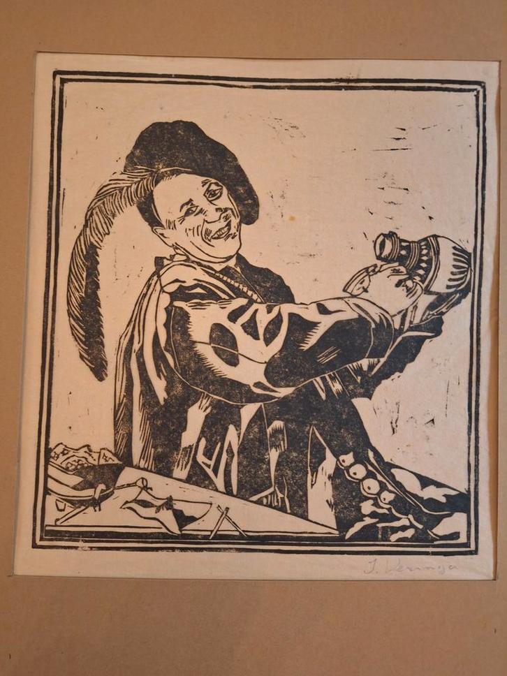 Houtsnede van een Wijndrinker van Veringa, Antiek en Kunst, Kunst | Tekeningen en Foto's, Ophalen of Verzenden