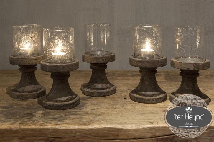 Waxinehouder glas op houten voet stoer sober landelijk, Huis en Inrichting, Woonaccessoires | Kandelaars en Kaarsen, Nieuw, Kandelaar