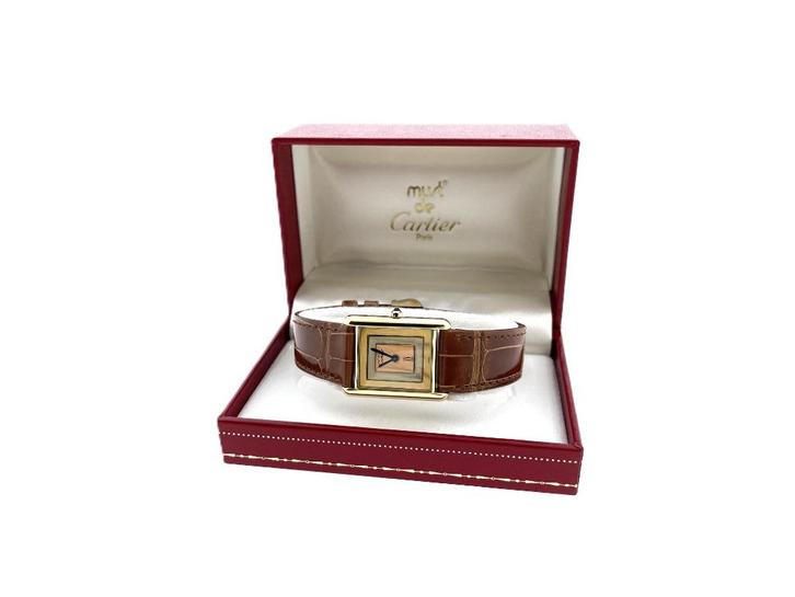 Must de Cartier Tank Rectangle Trinity Dial Large Quartz, Sieraden, Tassen en Uiterlijk, Horloges | Dames, Zo goed als nieuw, Polshorloge