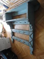 antiek BLAUW HOUTEN WANDREK met VEEL HAKEN / rek, Ophalen