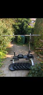 Fitnessset:halterbank+rek+olympische stang+150kg schijven, Ophalen, Zo goed als nieuw, Halterset