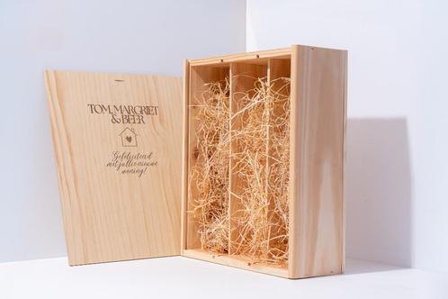 3-vaks houten wijnkist met persoonlijke gravering, Huis en Inrichting, Woonaccessoires | Wijnrekken, Nieuw, Minder dan 50 cm, Hout