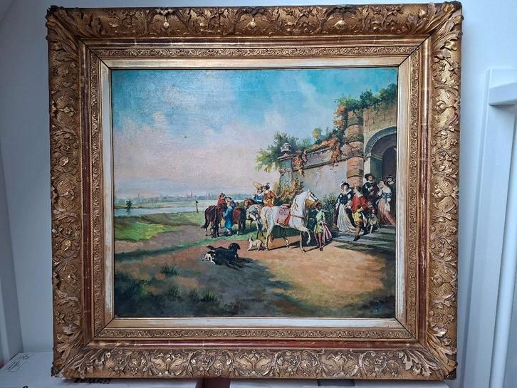 Schilderij Jachtgezelschap bij landhuis, Antiek en Kunst, Kunst | Schilderijen | Klassiek, Ophalen