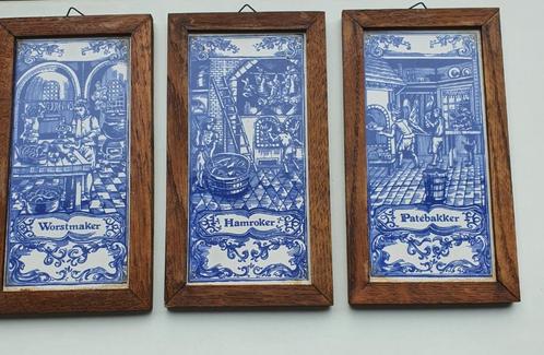 3 Delfts Blauwe Tegels Worstmaker Hamroker & Patébakker, Antiek en Kunst, Antiek | Wandborden en Tegels, Ophalen of Verzenden