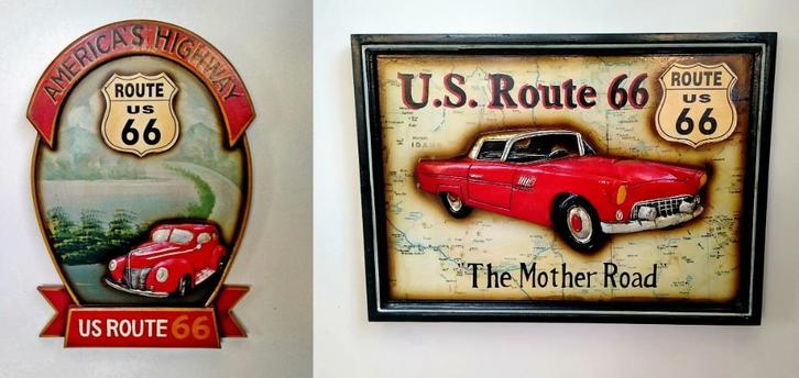 2x Houten 3D Auto & Route 66 Schilderij Wandbord - Zie Omsch, Antiek en Kunst, Curiosa en Brocante, Ophalen of Verzenden