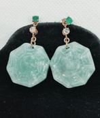 Gouden oorhangers met jade, smaragd en diamanten, Hangers, Ophalen of Verzenden, Zo goed als nieuw, Met edelsteen