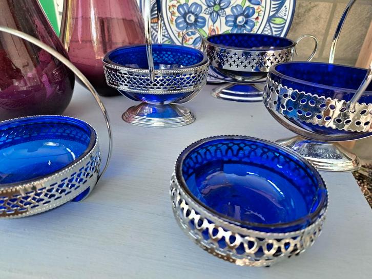 antieke kobaltblauwe kom, suikerpot met zilveren decoratie, Antiek en Kunst, Antiek | Servies compleet, Ophalen of Verzenden