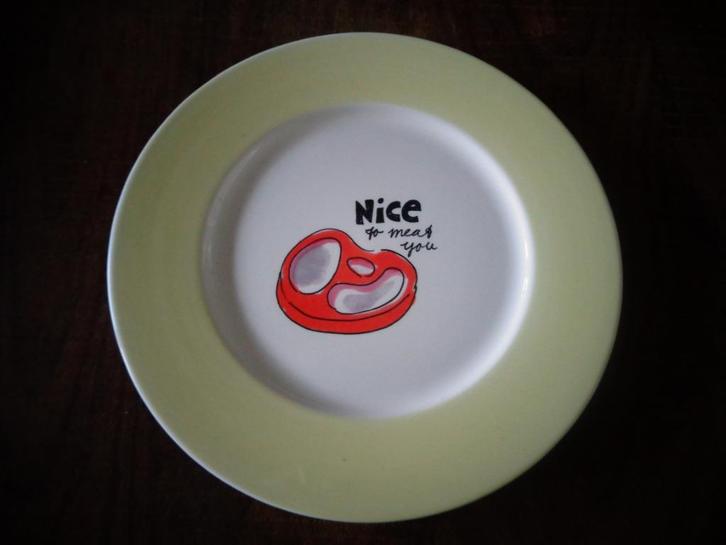 Blond dinerbord 'Nice to meet you' gele rand 26,5, Huis en Inrichting, Keuken | Servies, Zo goed als nieuw, Bord(en), Blond Amsterdam