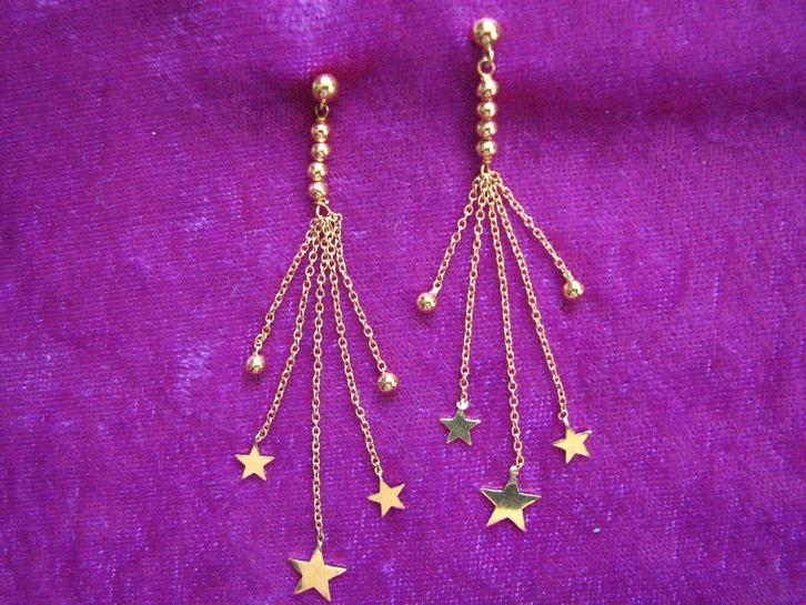 Prachtige Handgemaakte Lange 18 Kt Goud Oorstekers - Sterren, Sieraden, Tassen en Uiterlijk, Antieke sieraden, Oorbellen, Goud