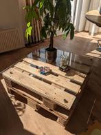 Pallet salontafel met glasplaat, Huis en Inrichting, Tafels | Salontafels, 50 tot 100 cm, Minder dan 50 cm, Glas, 100 tot 150 cm