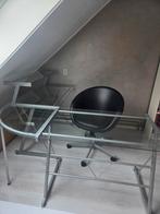 Glazen Bureau met Leren Bureaustoel, Huis en Inrichting, Bureaus, Ophalen, Met wielen, Gebruikt, Bureau