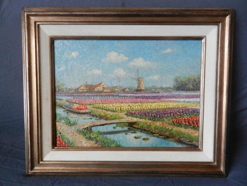Olieverf Bollenvelden bij vaart en molen C. Fels (1880-1943), Antiek en Kunst, Kunst | Schilderijen | Klassiek, Ophalen of Verzenden