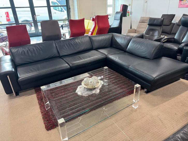 Roche Bobois Zwart Lederen Hoekbank - Ruim & Comfortabel, Huis en Inrichting, Banken | Bankstellen, Gebruikt, Hoekbank, Vierpersoons of meer