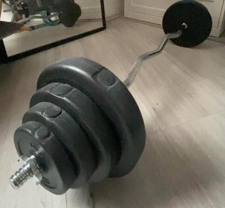 EZ-curl bar with Hosel weight plates, in good condition., Sport en Fitness, Fitnessmaterialen, Zo goed als nieuw, Halterstangen