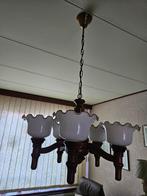 donker eiken hanglamp 5 kelken en bijpassende wandlamp, Huis en Inrichting, Lampen | Hanglampen, Ophalen, Zo goed als nieuw, Glas