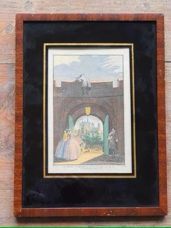 Gezicht op de Hooglandse kerk vanaf de burcht te Leiden 1742, Antiek en Kunst, Kunst | Etsen en Gravures, Ophalen
