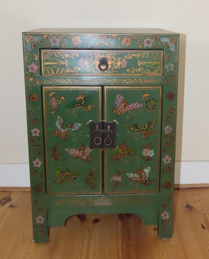 Antiek groen houten kastje met lade en deur, gedecoreerd, Antiek en Kunst, Antiek | Meubels | Kasten, Ophalen
