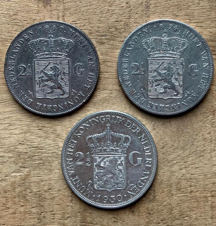 3 verschillende koning(innen) rijksdaalders (1847 - 1930), Postzegels en Munten, Munten | Nederland, Setje, 2½ gulden, Koning Willem II