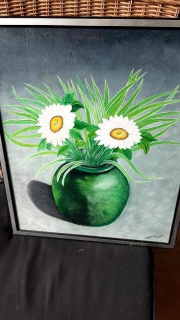 Schilderij van Herman Nijboer groene vaas met witte gerbera beschikbaar voor biedingen