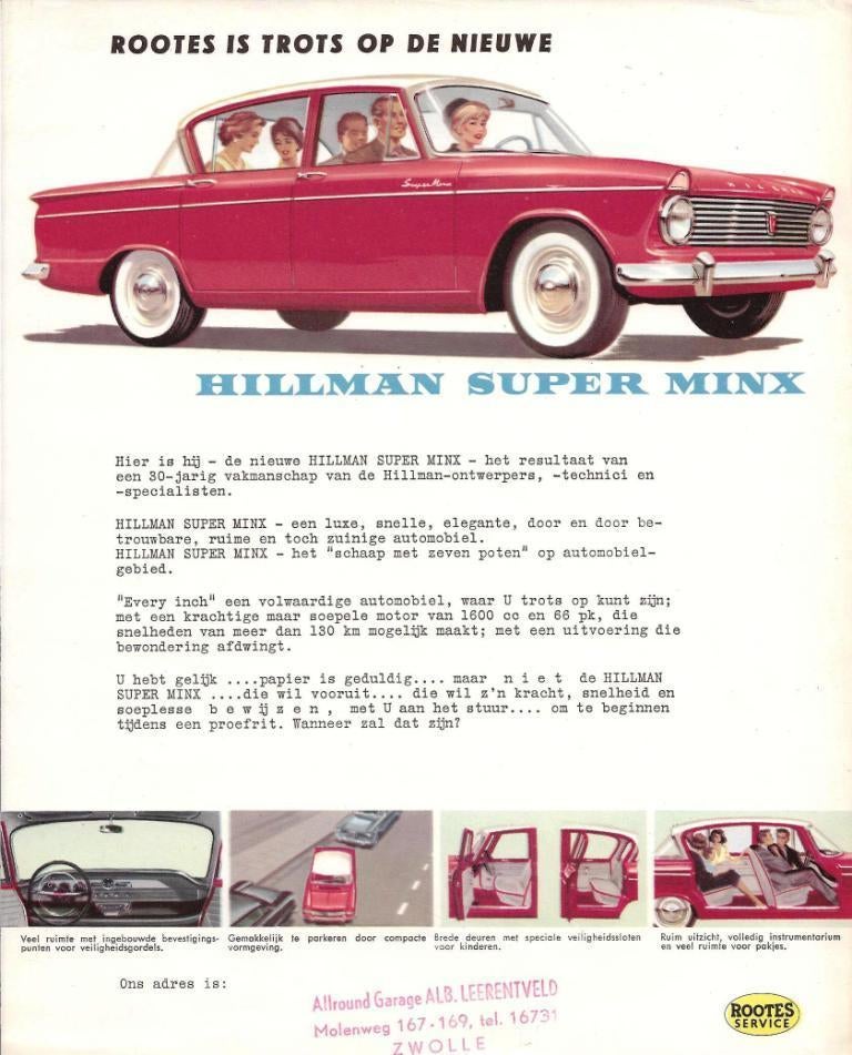 Hillman Super Minx leaflet, Boeken, Auto's | Folders en Tijdschriften, Zo goed als nieuw, Overige merken, Verzenden