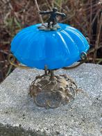 Antiek blauw glazen doosje met bronzen voet, Ophalen of Verzenden