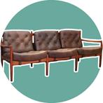 Mid Century Vintage Design teak 3 seater leather, Huis en Inrichting, Banken | Bankstellen, Ophalen, Gebruikt, Hout