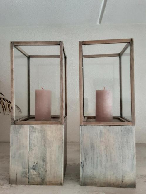Houten windlichten 2 stuks, Huis en Inrichting, Woonaccessoires | Kandelaars en Kaarsen, Zo goed als nieuw, 50 tot 75 cm, Hout