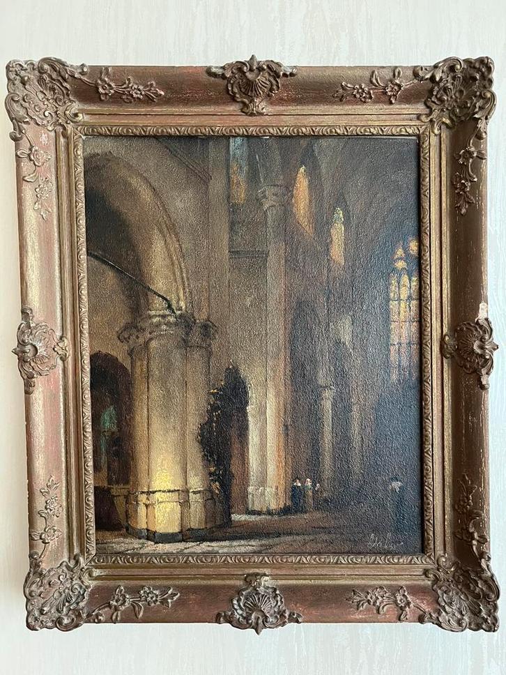 Schilderij van Adri Visser, kerkinterieur., Antiek en Kunst, Kunst | Schilderijen | Klassiek, Ophalen of Verzenden