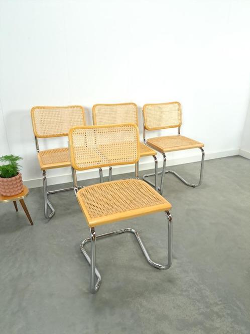 Italiaanse webbing set stoelen met chromen buisframe vintage, Huis en Inrichting, Stoelen, Gebruikt, Vier, Hout, Metaal, Riet of Rotan